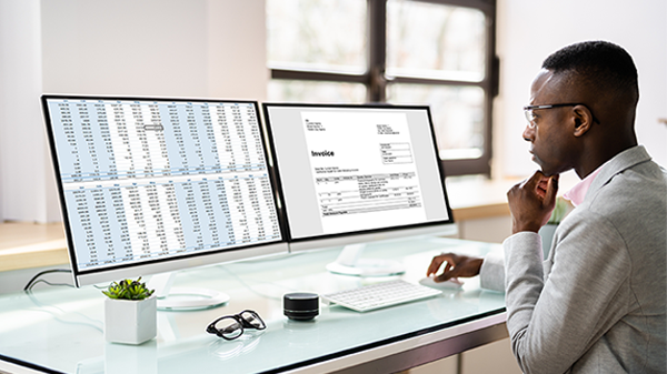 Man reading a computerized ledger